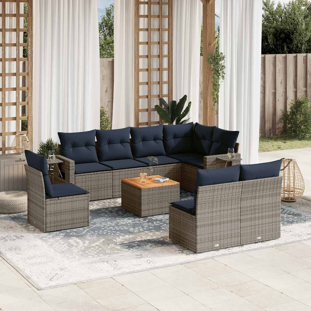 vidaXL 9-teiliges Gartensofa-Set mit Kissen, schwarzes Polyrattan