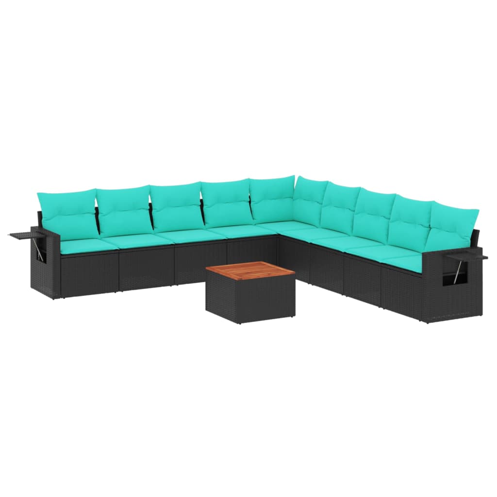 vidaXL 10-teiliges Gartensofa-Set mit Kissen, schwarzes Polyrattan