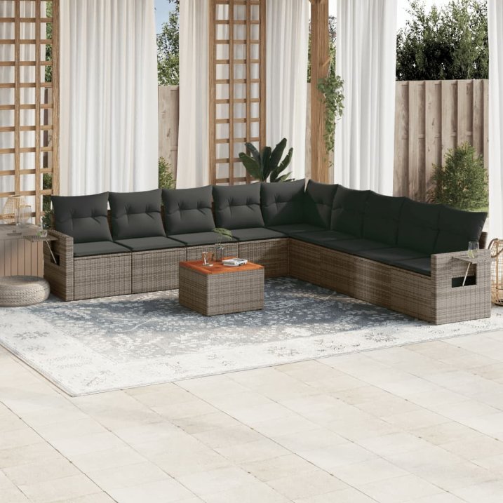 vidaXL 10-tlg. Garten-Sofagarnitur mit Kissen Schwarz Poly Rattan
