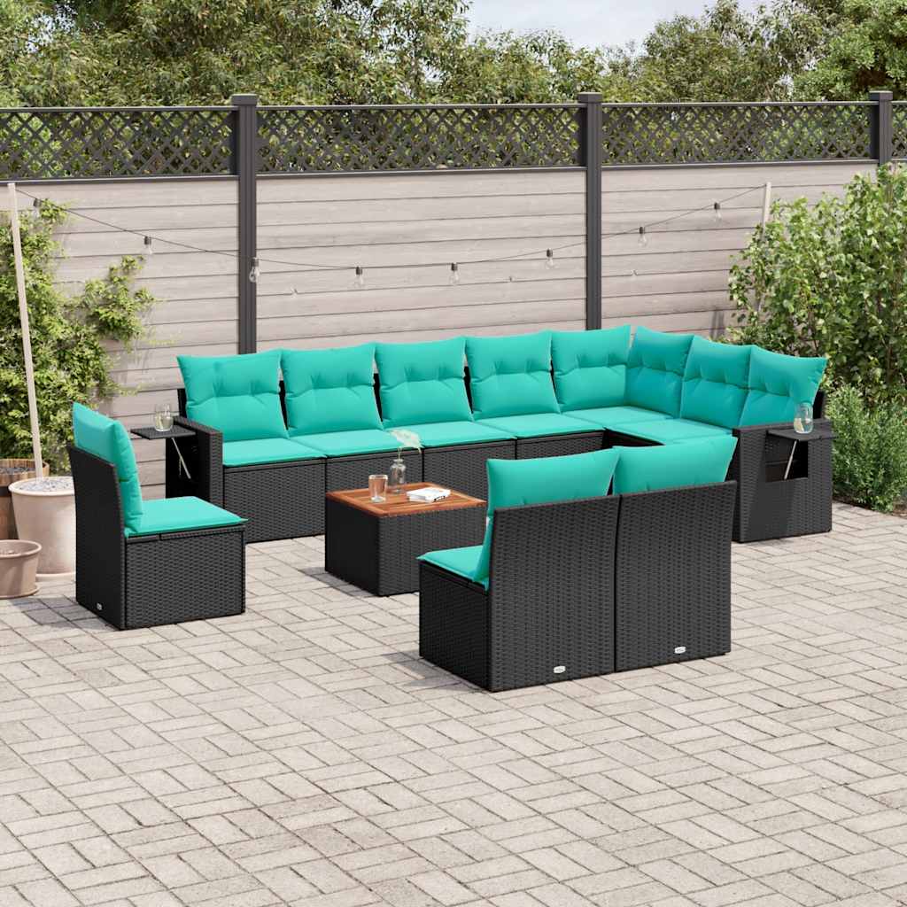 vidaXL 11-teiliges Gartensofa-Set mit Kissen, schwarzes Polyrattan
