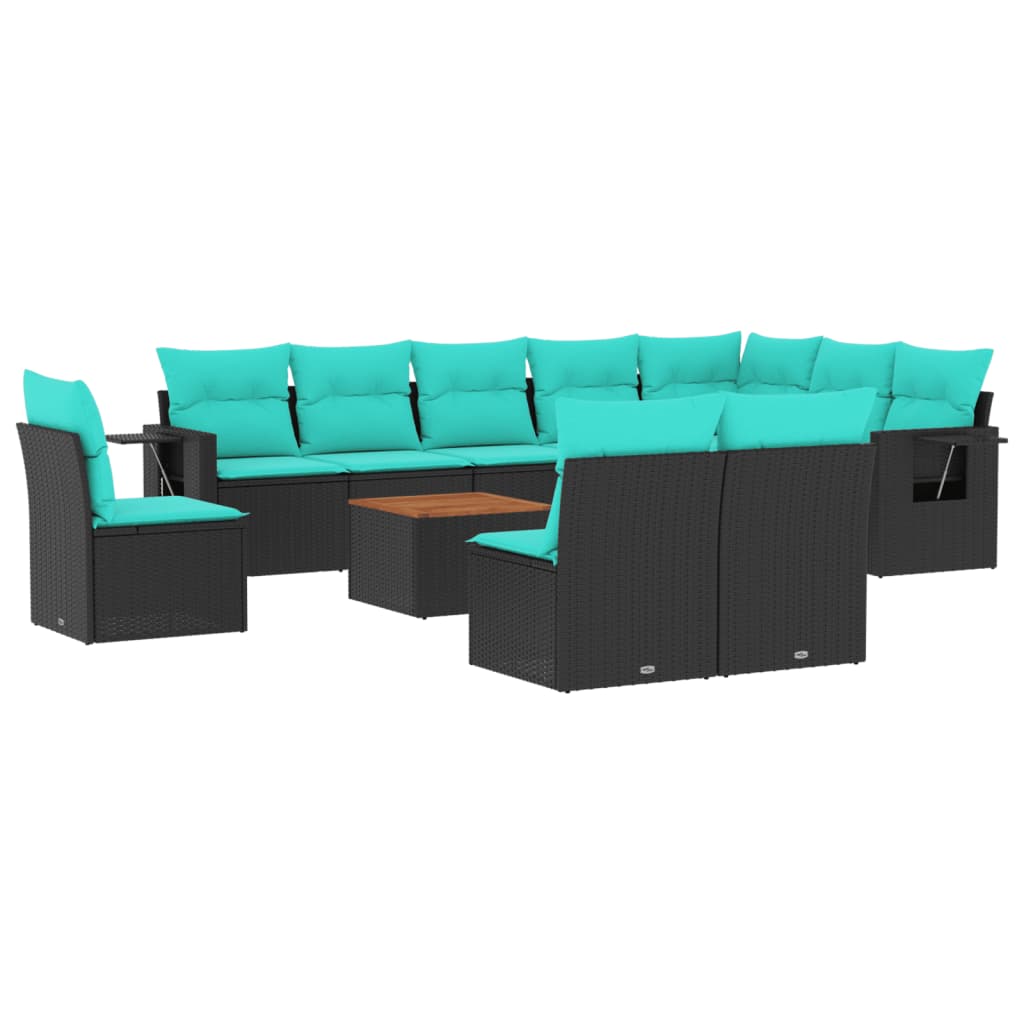 vidaXL 11-teiliges Gartensofa-Set mit Kissen, schwarzes Polyrattan