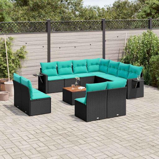 vidaXL 12-teiliges Gartensofa-Set mit Kissen, schwarzes Polyrattan