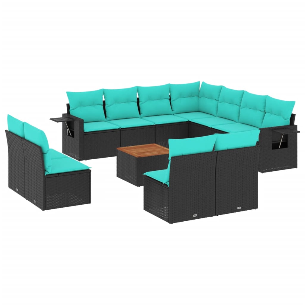 vidaXL 12-teiliges Gartensofa-Set mit Kissen, schwarzes Polyrattan
