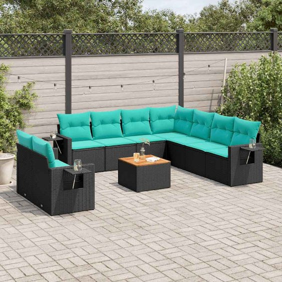 vidaXL 10-teiliges Gartensofa-Set mit Kissen, schwarzes Polyrattan