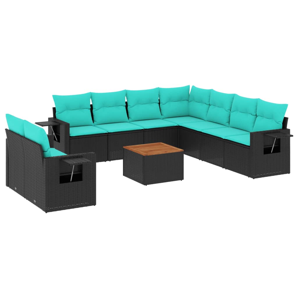 vidaXL 10-teiliges Gartensofa-Set mit Kissen, schwarzes Polyrattan