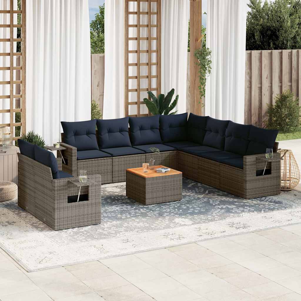 vidaXL 10-teiliges Gartensofa-Set mit Kissen, schwarzes Polyrattan