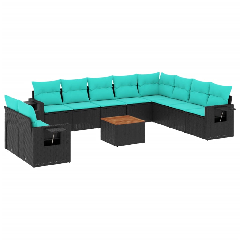 vidaXL 11-teiliges Gartensofa-Set mit Kissen, schwarzes Polyrattan