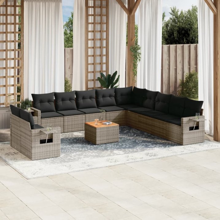 vidaXL 12-tlg. Garten-Sofagarnitur mit Kissen Schwarz Poly Rattan