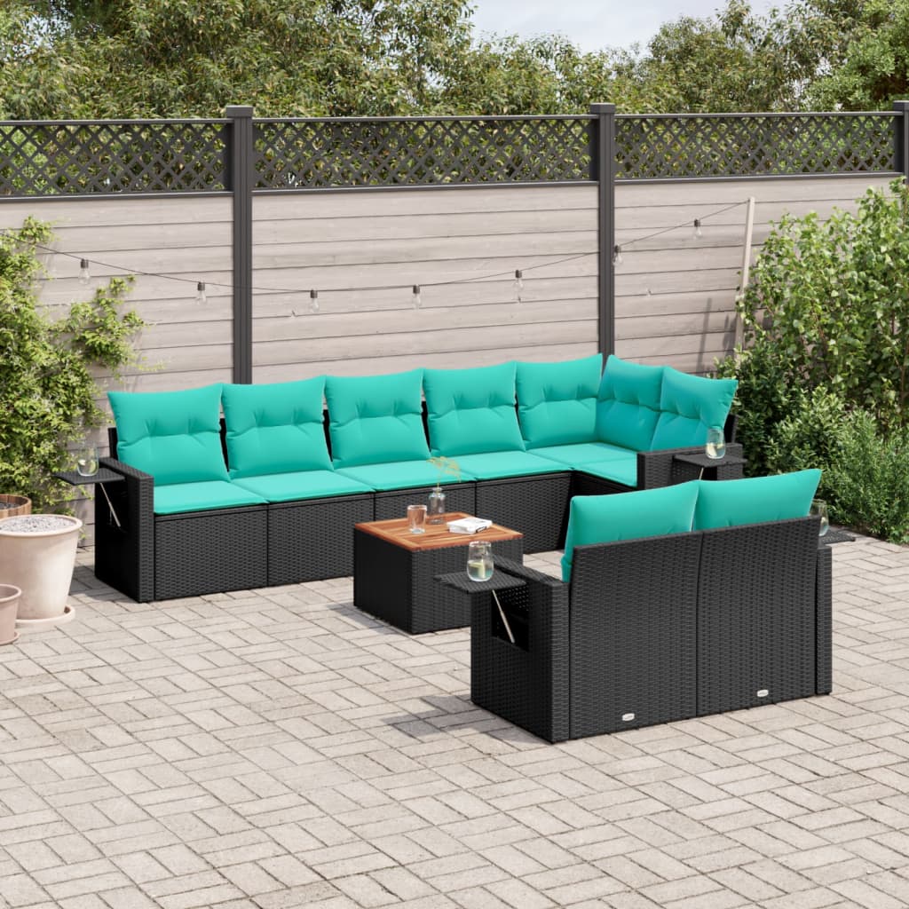 vidaXL 9-teiliges Gartensofa-Set mit Kissen, schwarzes Polyrattan