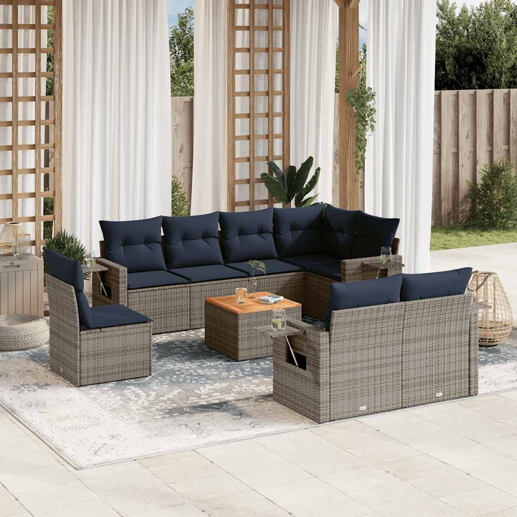 vidaXL 9-teiliges Gartensofa-Set mit Kissen, schwarzes Polyrattan