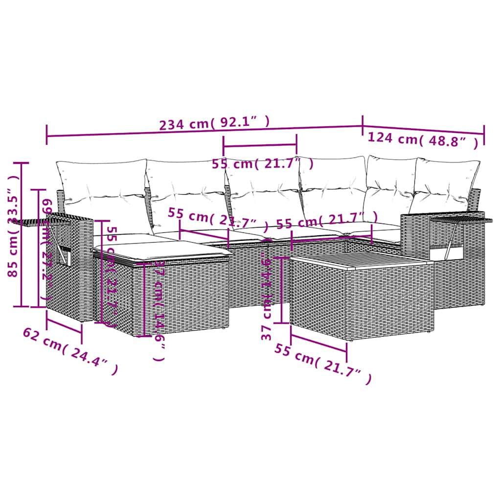 vidaXL 7-teiliges Gartensofa-Set mit Kissen, schwarzes Polyrattan