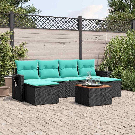 vidaXL 7-teiliges Gartensofa-Set mit Kissen, schwarzes Polyrattan
