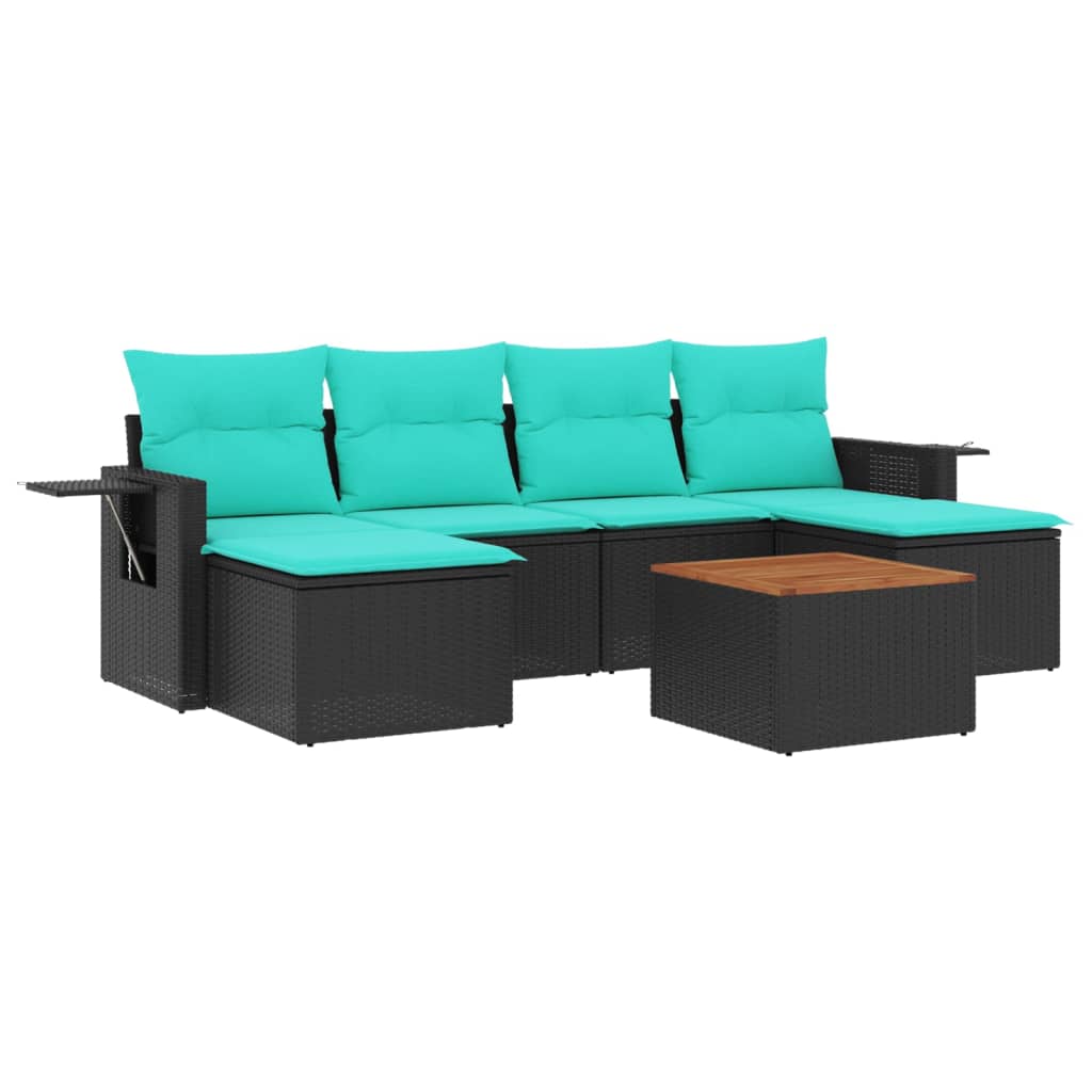 vidaXL 7-teiliges Gartensofa-Set mit Kissen, schwarzes Polyrattan