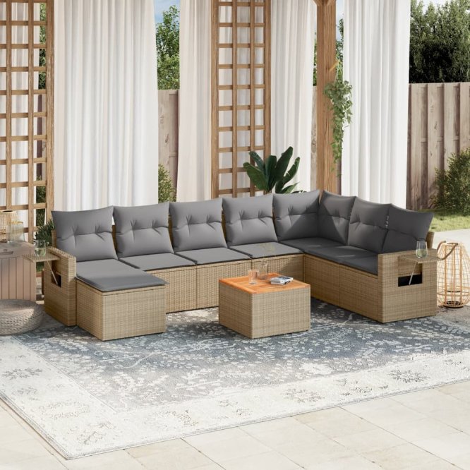 vidaXL 9-tlg. Garten-Sofagarnitur mit Kissen Schwarz Poly Rattan