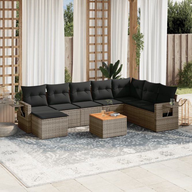 vidaXL 9-tlg. Garten-Sofagarnitur mit Kissen Schwarz Poly Rattan