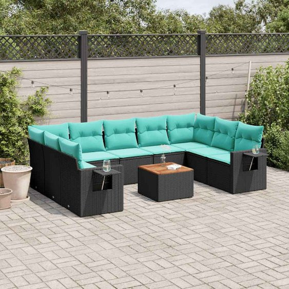 vidaXL 10-teiliges Gartensofa-Set mit Kissen, schwarzes Polyrattan