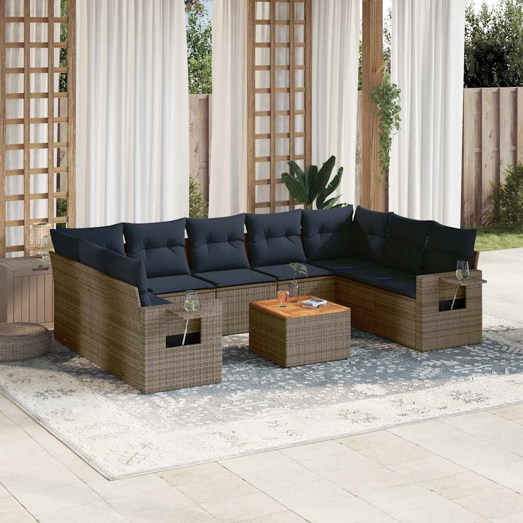 vidaXL 10-teiliges Gartensofa-Set mit Kissen, schwarzes Polyrattan