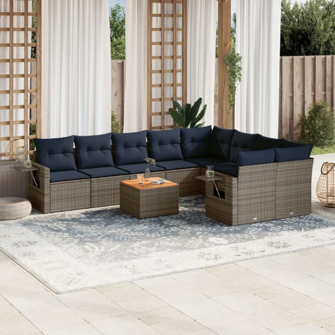 vidaXL 10-teiliges Gartensofa-Set mit Kissen, schwarzes Polyrattan