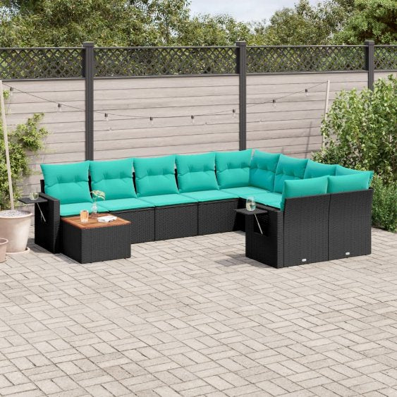 vidaXL 10-teiliges Gartensofa-Set mit Kissen, schwarzes Polyrattan