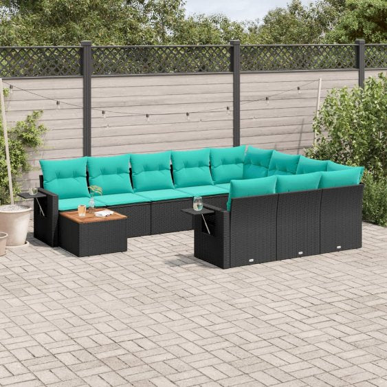 vidaXL 11-teiliges Gartensofa-Set mit Kissen, schwarzes Polyrattan
