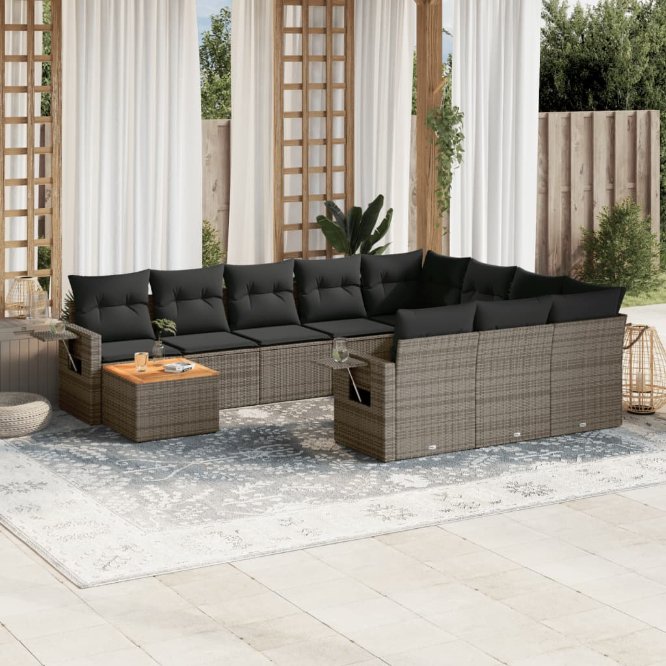 vidaXL 11-tlg. Garten-Sofagarnitur mit Kissen Schwarz Poly Rattan