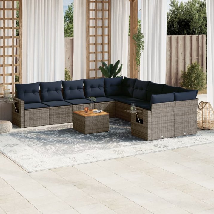 vidaXL 11-teiliges Gartensofa-Set mit Kissen, schwarzes Polyrattan