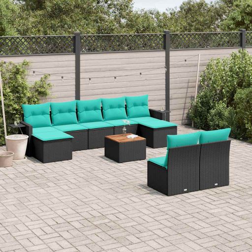 vidaXL 10-teiliges Gartensofa-Set mit Kissen, schwarzes Polyrattan