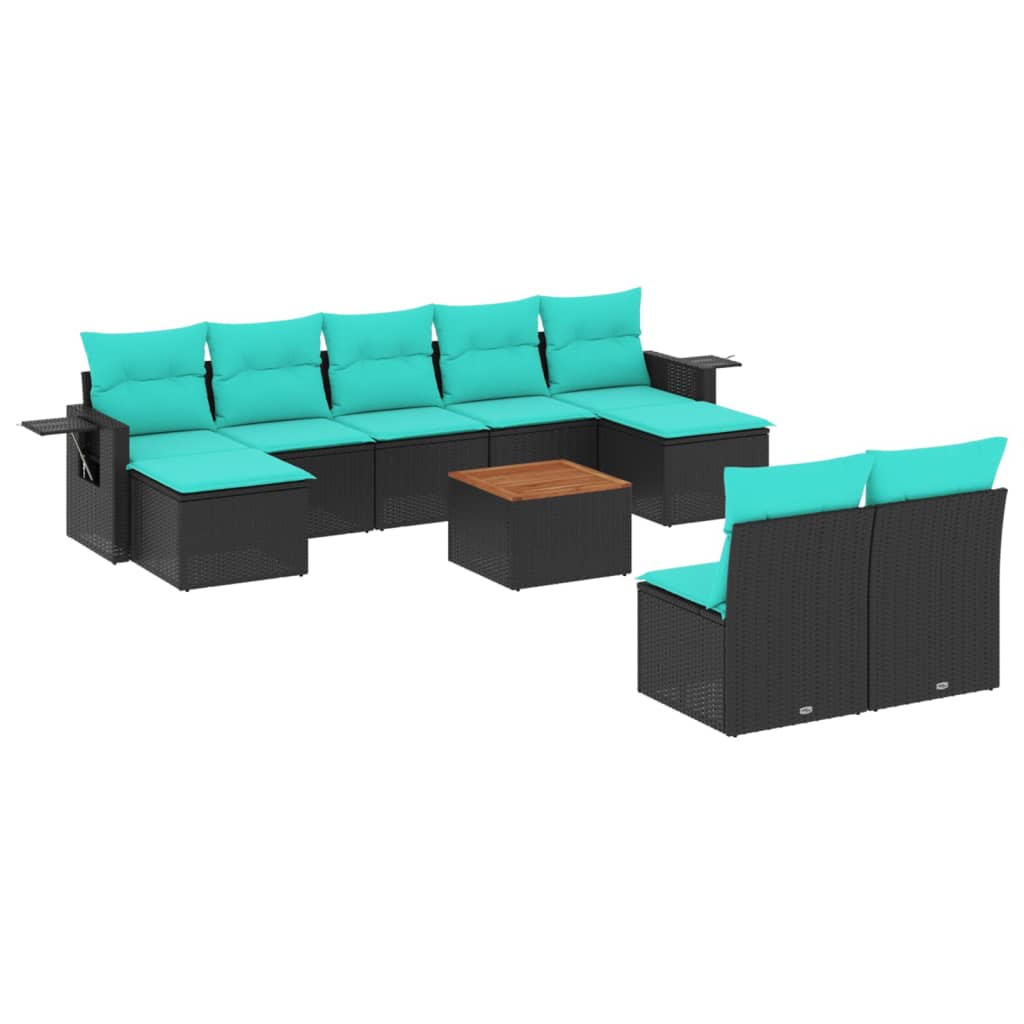 vidaXL 10-teiliges Gartensofa-Set mit Kissen, schwarzes Polyrattan