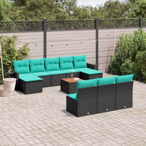 vidaXL 11-teiliges Gartensofa-Set mit Kissen, schwarzes Polyrattan