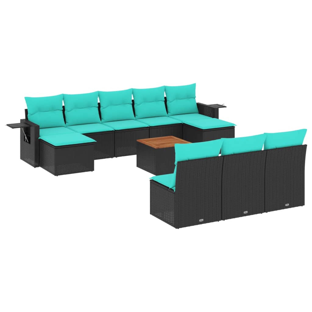 vidaXL 11-teiliges Gartensofa-Set mit Kissen, schwarzes Polyrattan
