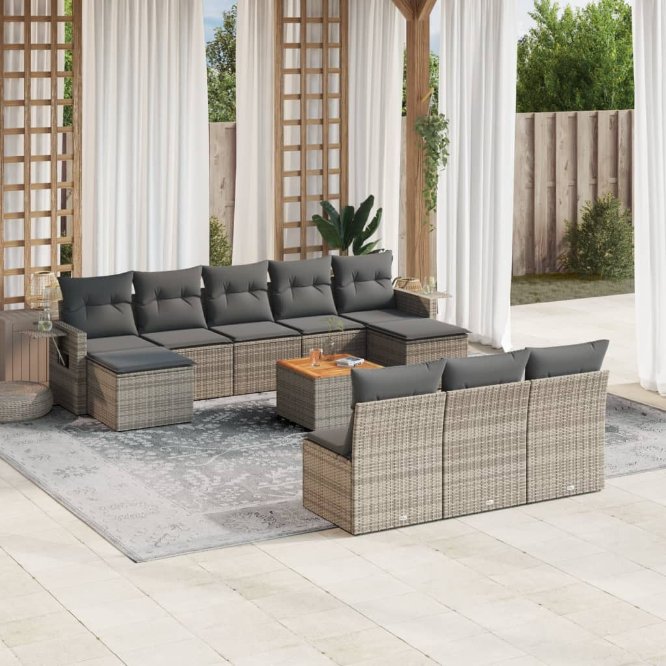 vidaXL 11-tlg. Garten-Sofagarnitur mit Kissen Schwarz Poly Rattan