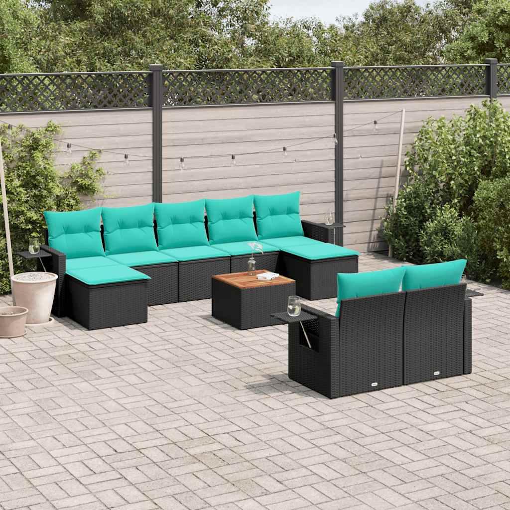 vidaXL 10-teiliges Gartensofa-Set mit Kissen, schwarzes Polyrattan