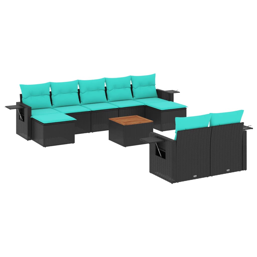 vidaXL 10-teiliges Gartensofa-Set mit Kissen, schwarzes Polyrattan