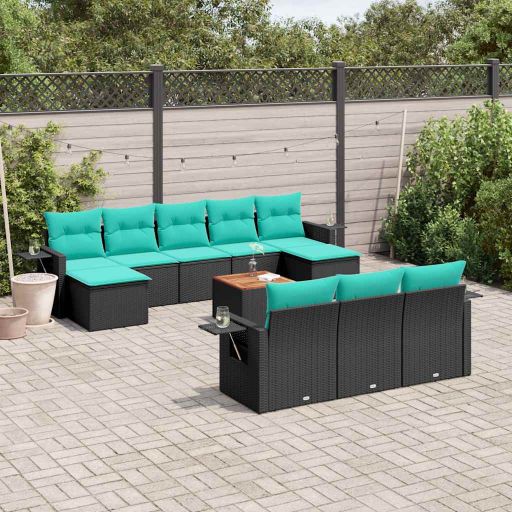 vidaXL 11-teiliges Gartensofa-Set mit Kissen, schwarzes Polyrattan