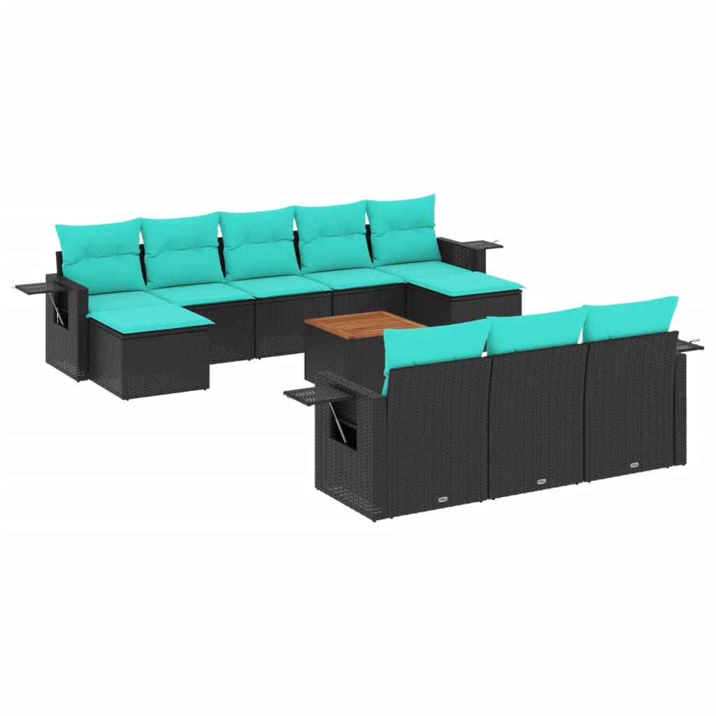 vidaXL 11-teiliges Gartensofa-Set mit Kissen, schwarzes Polyrattan