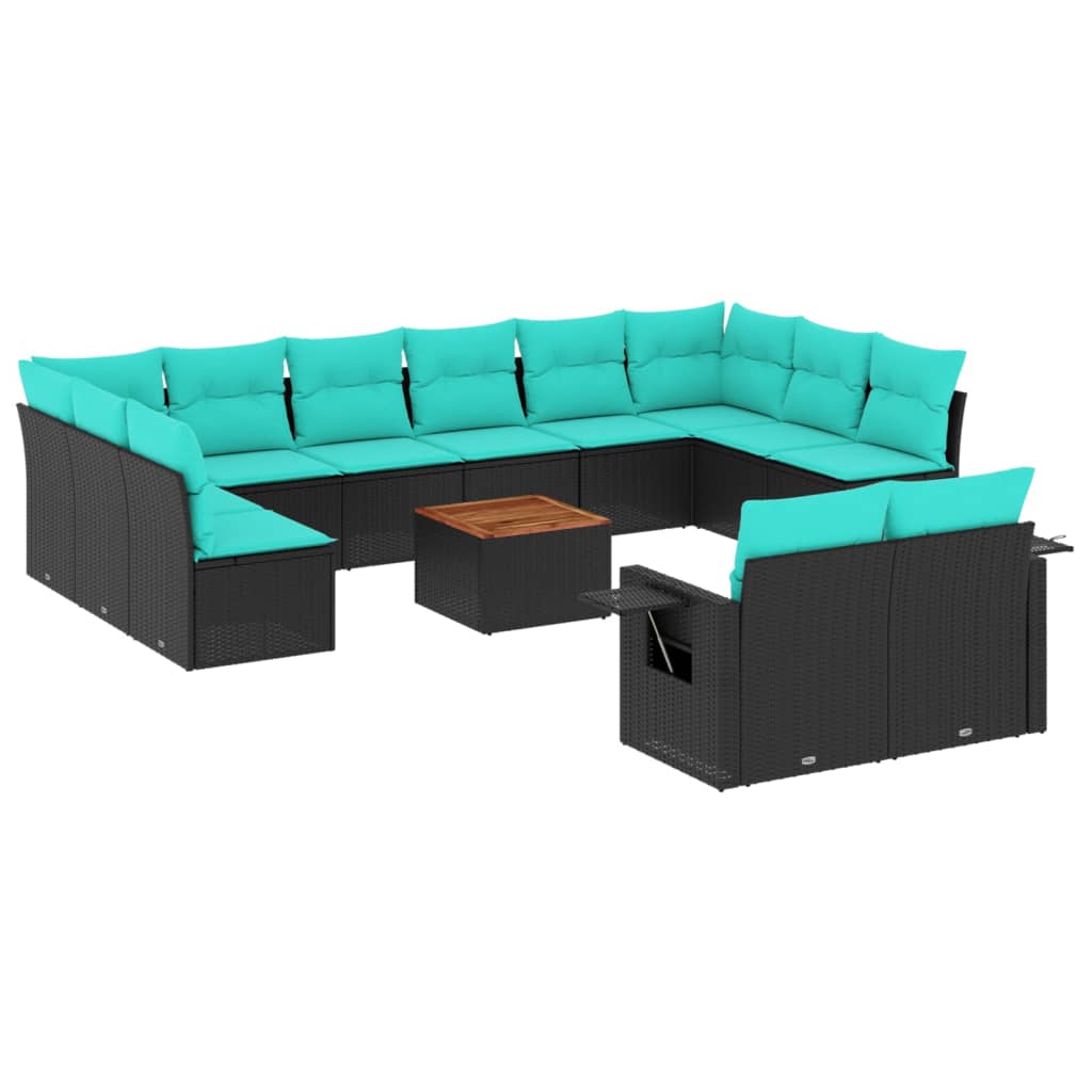vidaXL 13-teiliges Gartensofa-Set mit Kissen, schwarzes Polyrattan
