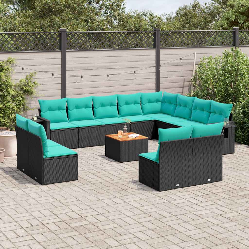 vidaXL 13-teiliges Gartensofa-Set mit Kissen, schwarzes Polyrattan