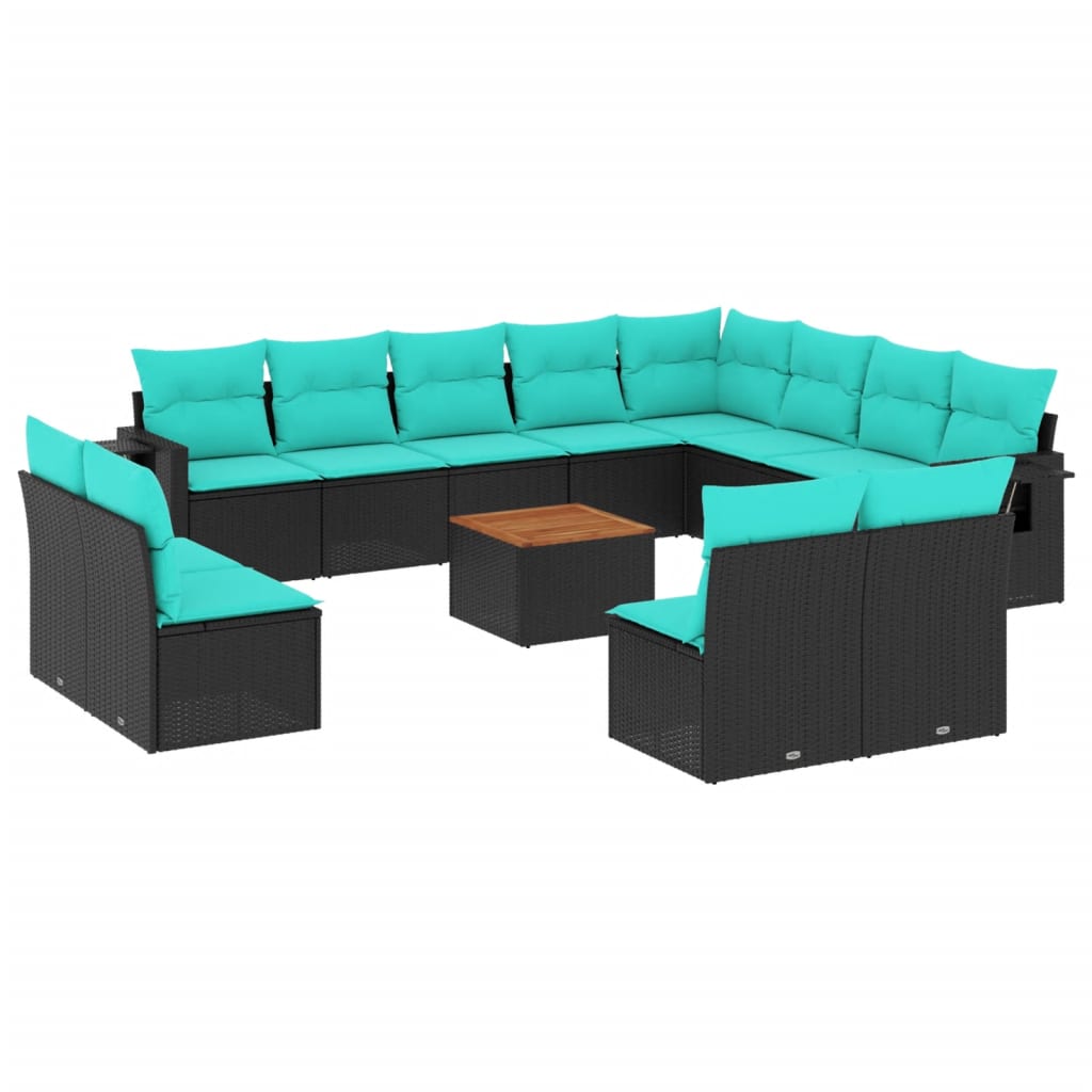 vidaXL 13-teiliges Gartensofa-Set mit Kissen, schwarzes Polyrattan