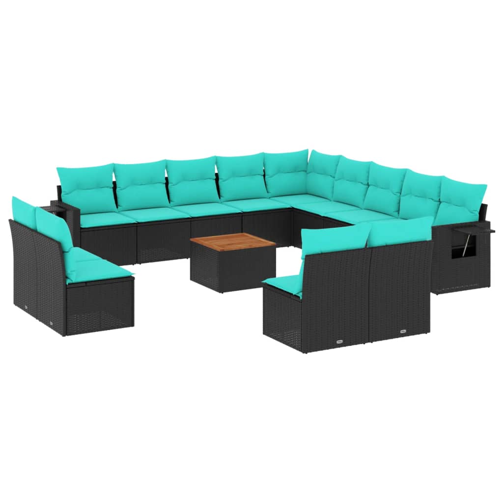 vidaXL 14-teiliges Gartensofa-Set mit Kissen, schwarzes Polyrattan