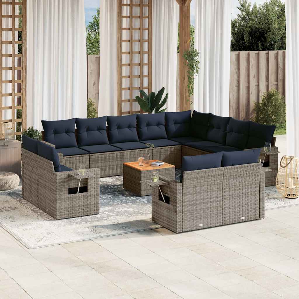 vidaXL 13-teiliges Gartensofa-Set mit Kissen, schwarzes Polyrattan