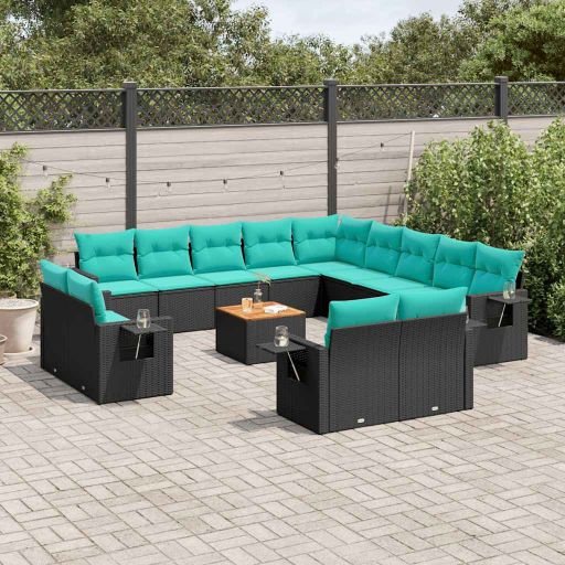 vidaXL 14-teiliges Gartensofa-Set mit Kissen, schwarzes Polyrattan