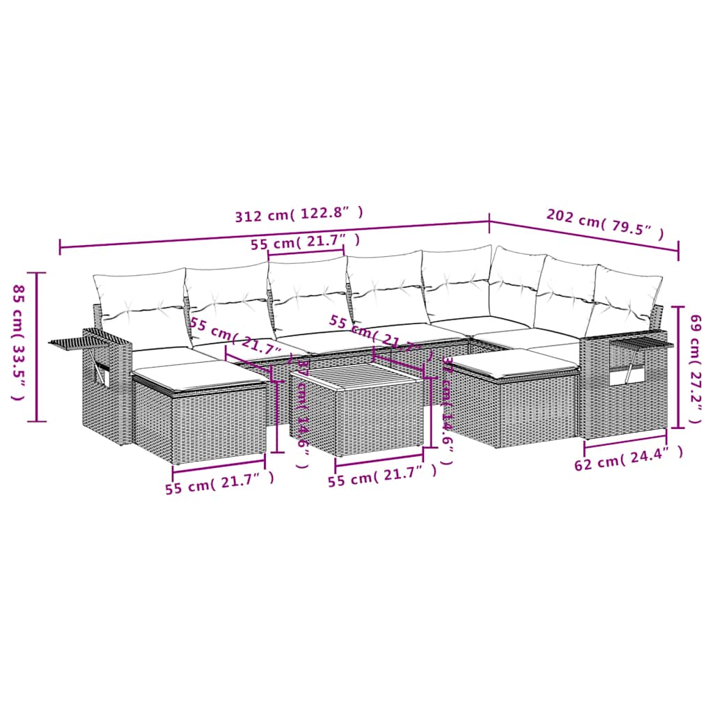 vidaXL 10-teiliges Gartensofa-Set mit Kissen, schwarzes Polyrattan