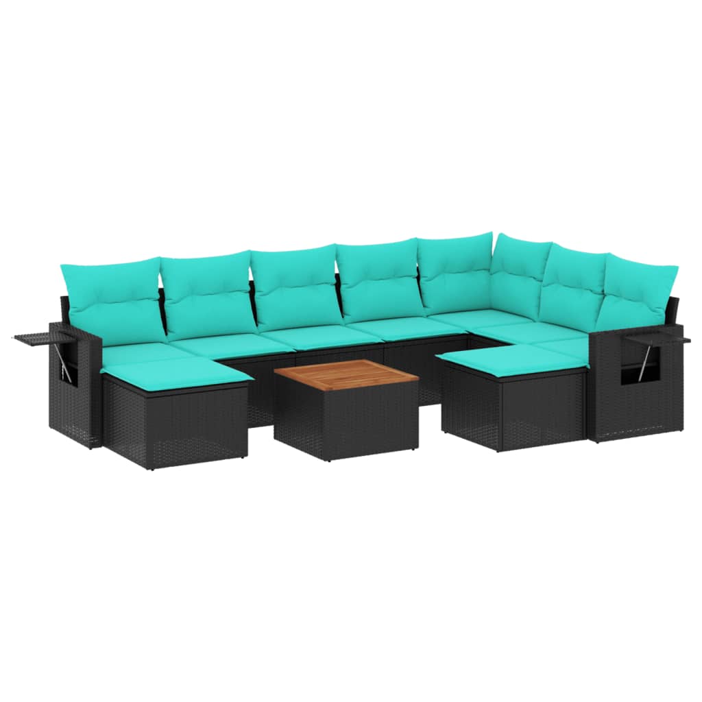 vidaXL 10-teiliges Gartensofa-Set mit Kissen, schwarzes Polyrattan