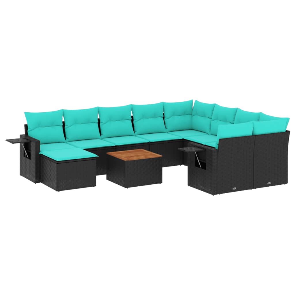 vidaXL 11-teiliges Gartensofa-Set mit Kissen, schwarzes Polyrattan