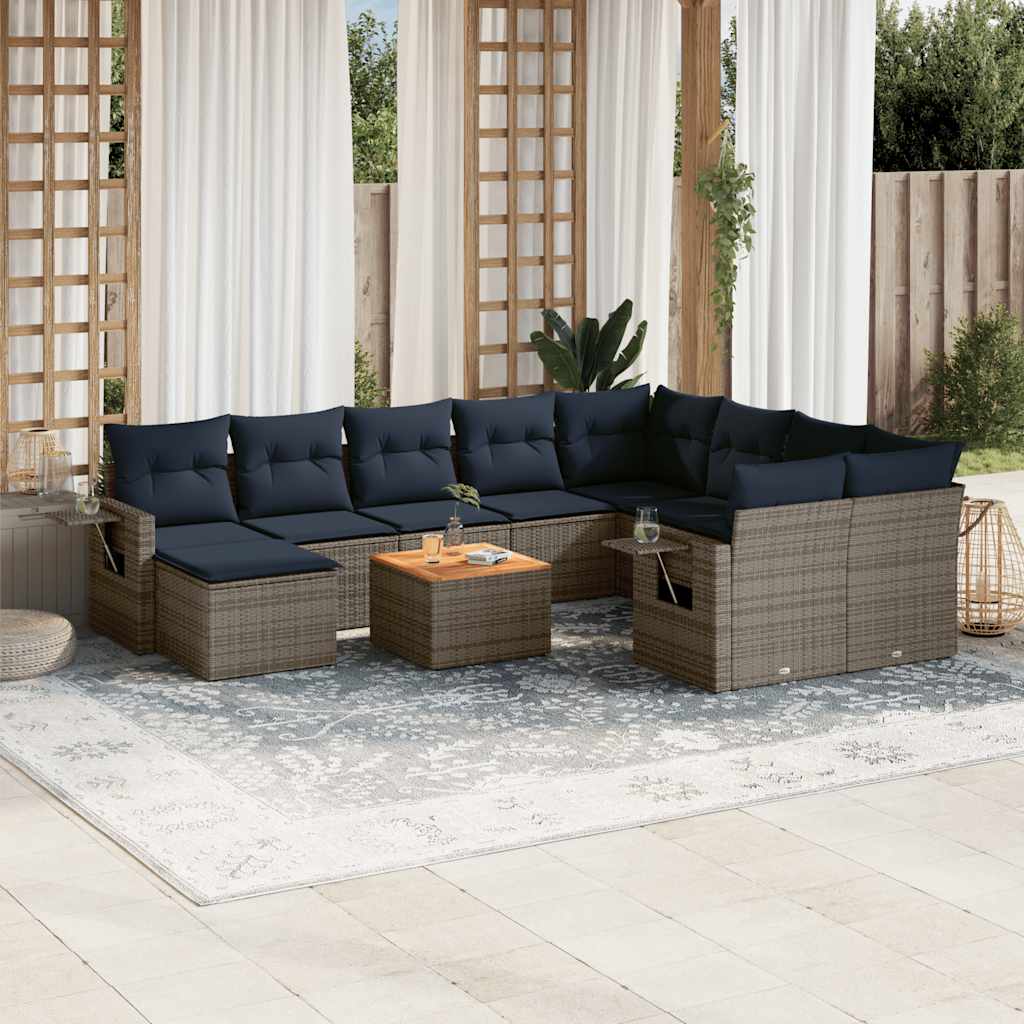 vidaXL 11-teiliges Gartensofa-Set mit Kissen, schwarzes Polyrattan