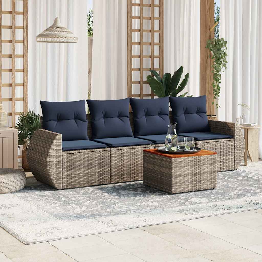 5-teiliges Gartensofa-Set mit Kissen, schwarzes Polyrattan