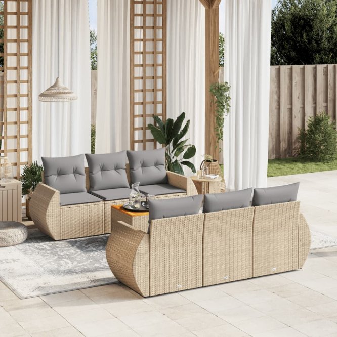 7-tlg. Garten-Sofagarnitur mit Kissen Schwarz Poly Rattan