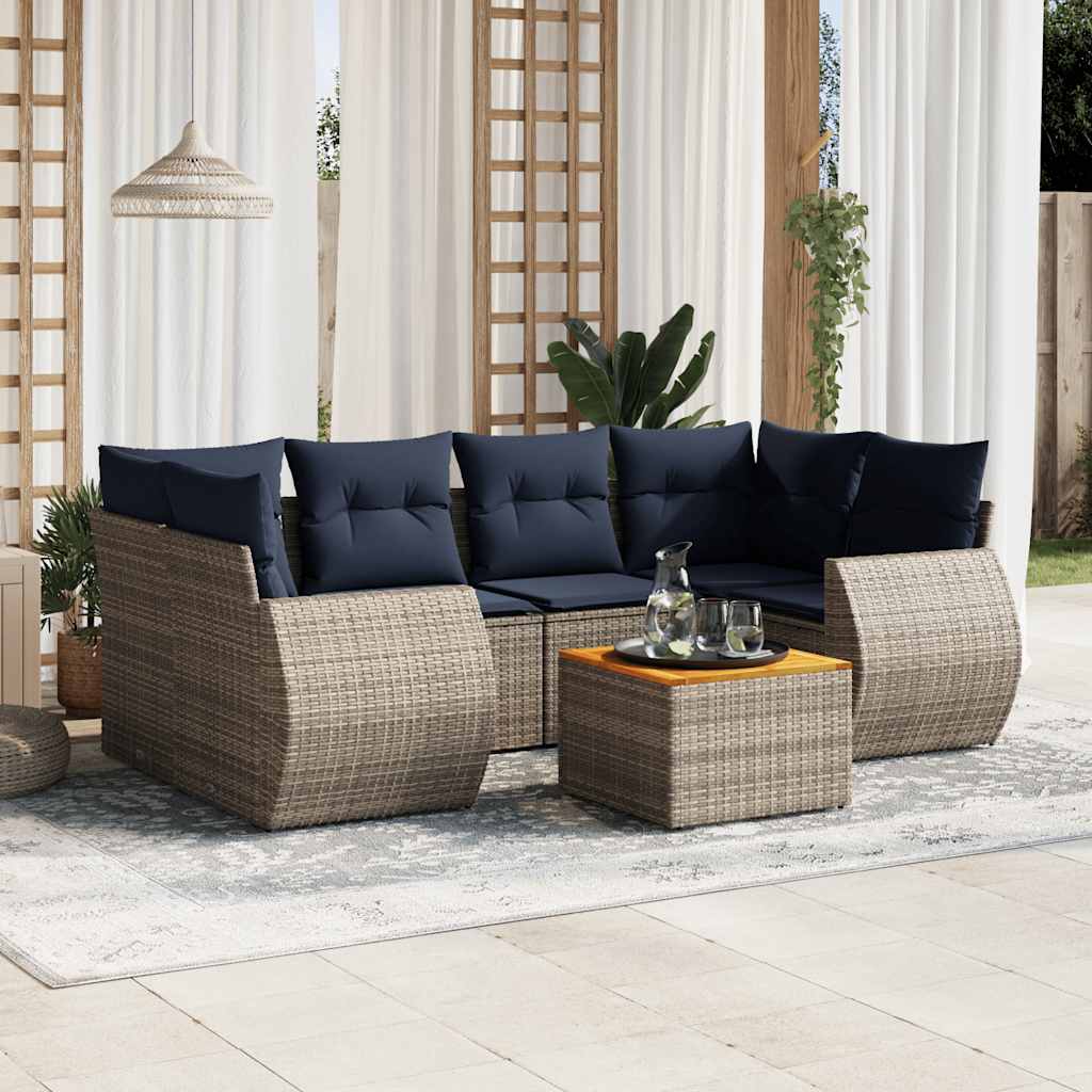 7-teiliges Gartensofa-Set mit Kissen, schwarzes Polyrattan
