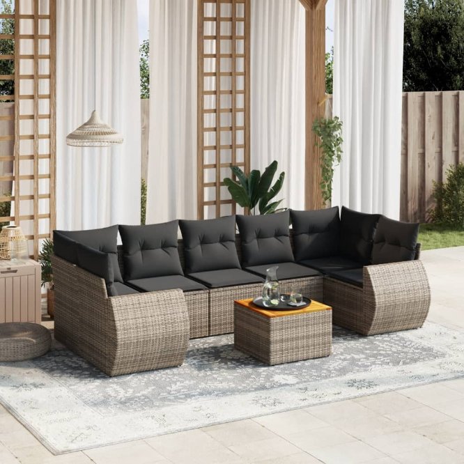 8-tlg. Garten-Sofagarnitur mit Kissen Schwarz Poly Rattan