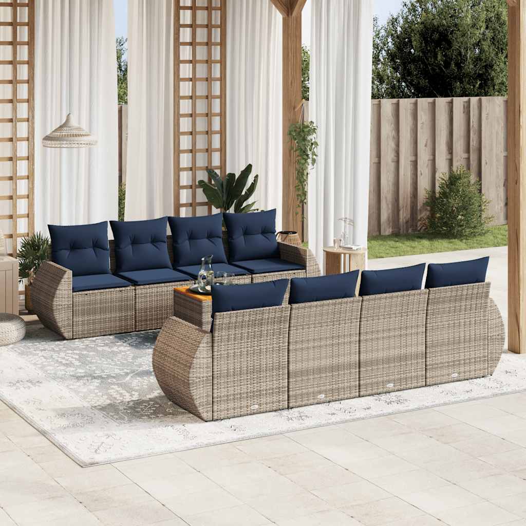 9-teiliges Gartensofa-Set mit Kissen, schwarzes Polyrattan